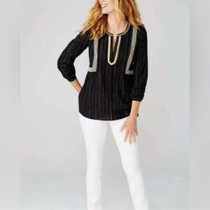 J. Jill Cotton Blend Boho Peasant Black Gold Embroidery Long-Sleeve Tunic Top